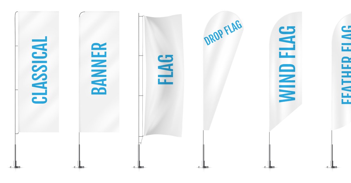 A mockup of various types of advertising flags. All the flags are white with blue text to label the type of flag.