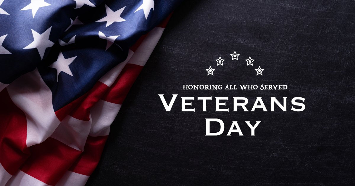 An American flag against a black background and next to white text that reads "Honoring all who served" and "Veteran's Day."