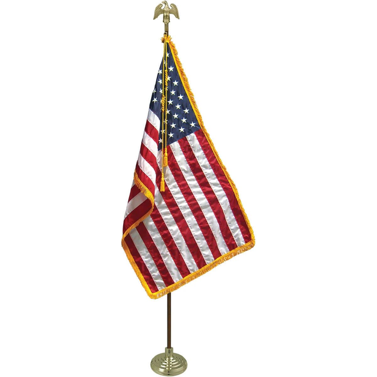 An image of a Freedom American Deluxe Indoor flags set, complete with floor stand, oak pole, eagle ornamernt, chord and tassels, and a deluxe indoor nylon American Flag with gold fringe.