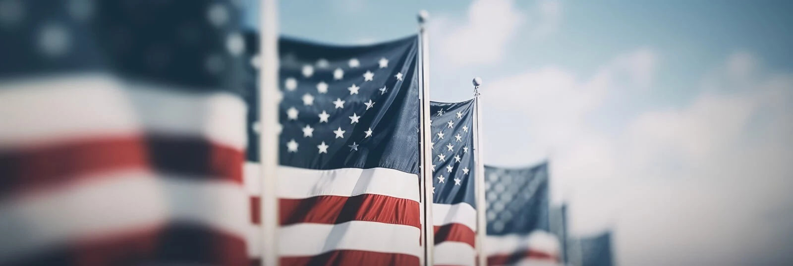 A banner image of flagpoles flying American Flags