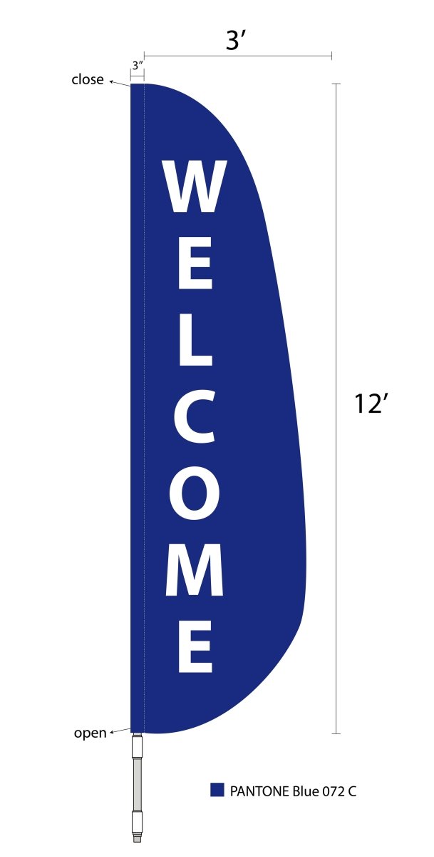 12′ x 3′ “WELCOME” Feather Flag – Blue Background with White Text - Action Flag