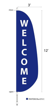12′ x 3′ “WELCOME” Feather Flag – Blue Background with White Text - Action Flag