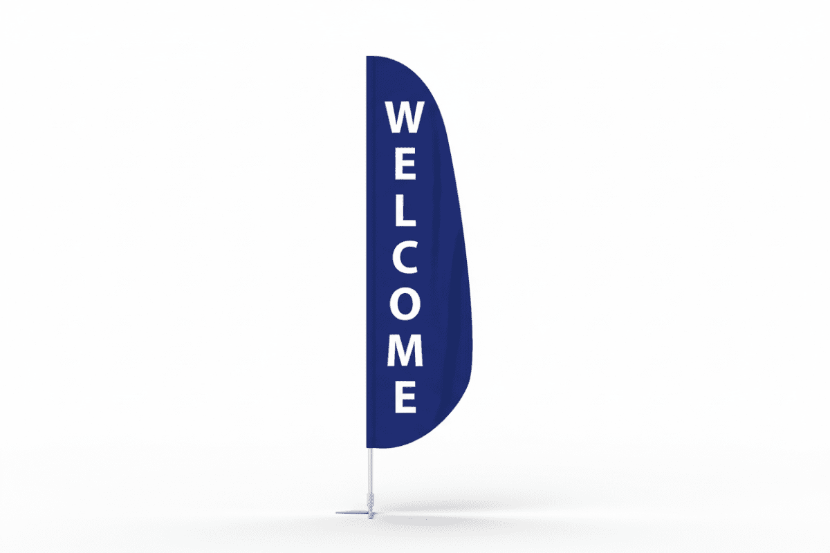 12′ x 3′ “WELCOME” Feather Flag – Blue Background with White Text - Action Flag