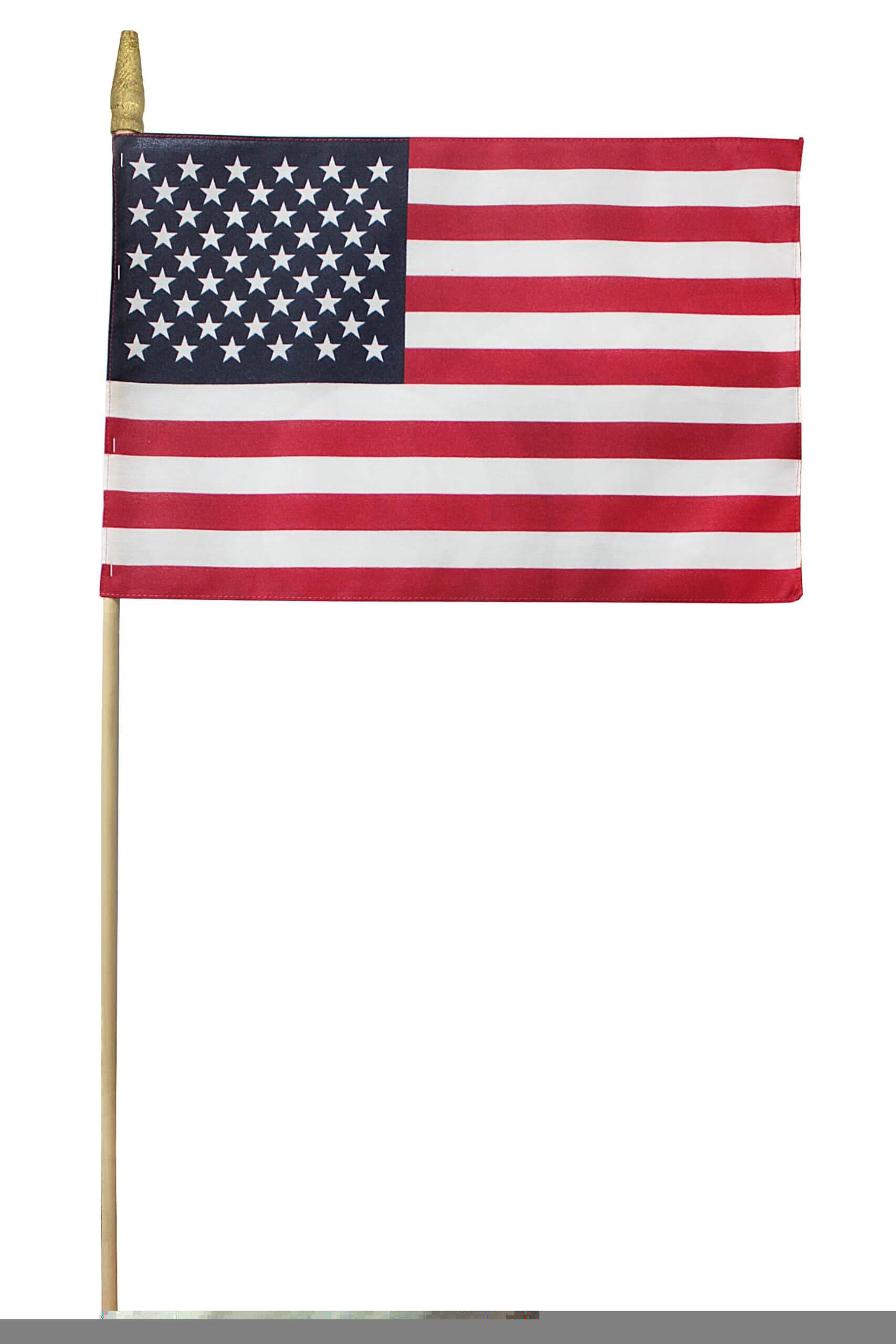 A 12" x 18" US Cemetery Flag for Veteran Grace Markers 3/8" x 30" wood dowel and a Gold Spear Tip. Made in the USA. Action Flag