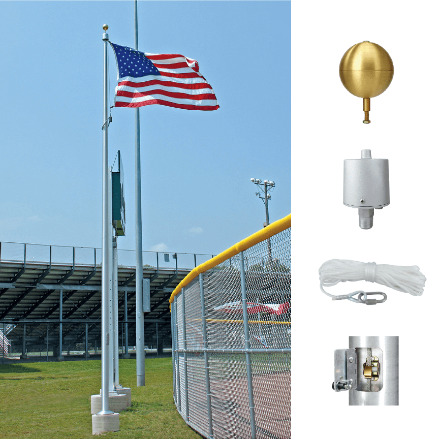 A product picture of a 30' Vanguard Series Architectural Cam Cleat Internal Halyard Aluminum Flagpole Provided by Action Flag.