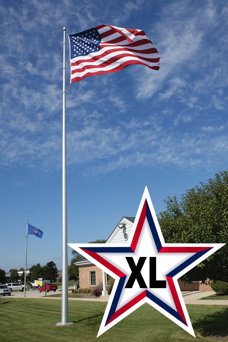A picture of an aluminum flagpole and an XL marking the category page for Extra Large Aluminum Flagpoles