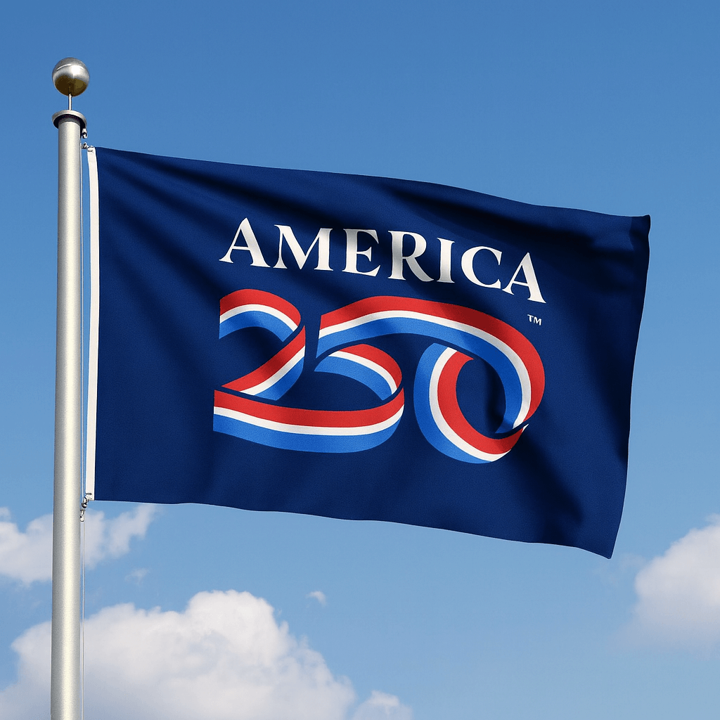 A product mock up of an official America 250 logo outdoor flag celebrating the semiquincentennial of the United States. Used under license