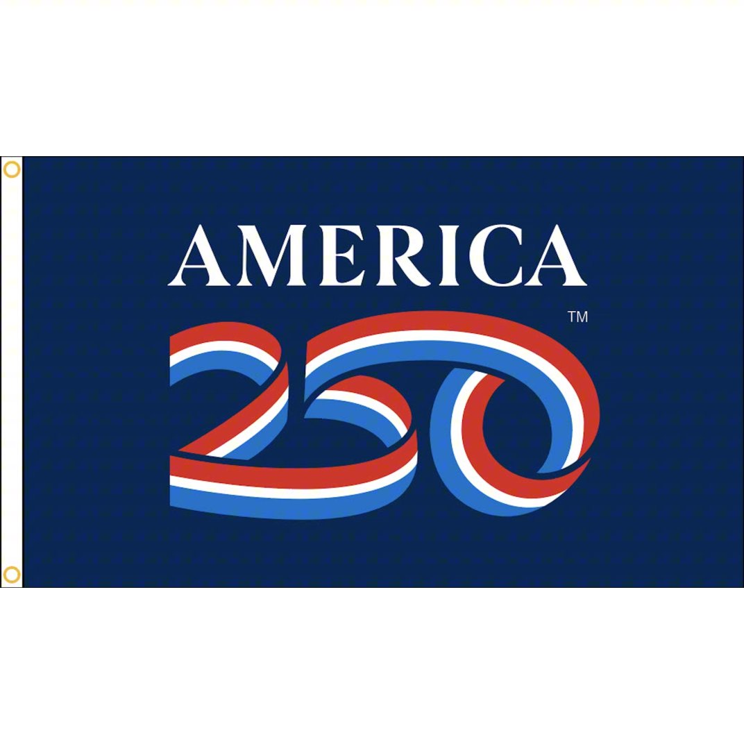 A product photo up of an official America 250 logo outdoor flag celebrating the semiquincentennial of the United States. Used under license