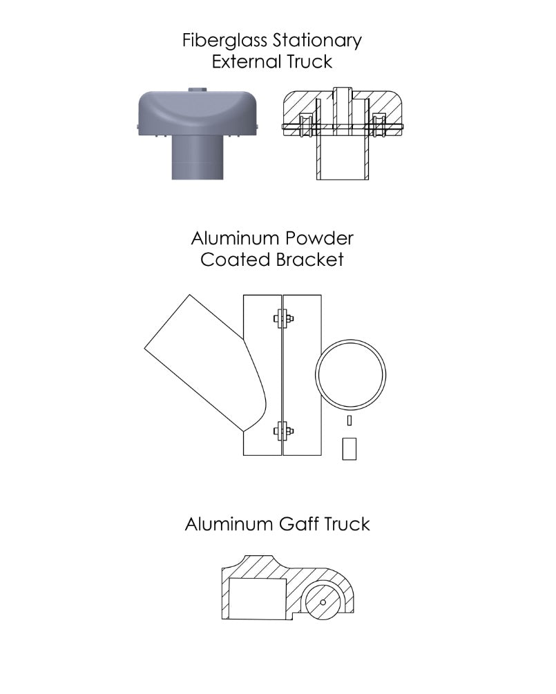 Fiberglass Stationary Truck, Aluminum Powder Coated Bracket, and Aluminum Gaff Truck pieces used on a Deluxe Nautical Single Mast Fiberglass Flagpole with Yardarm and Gaff