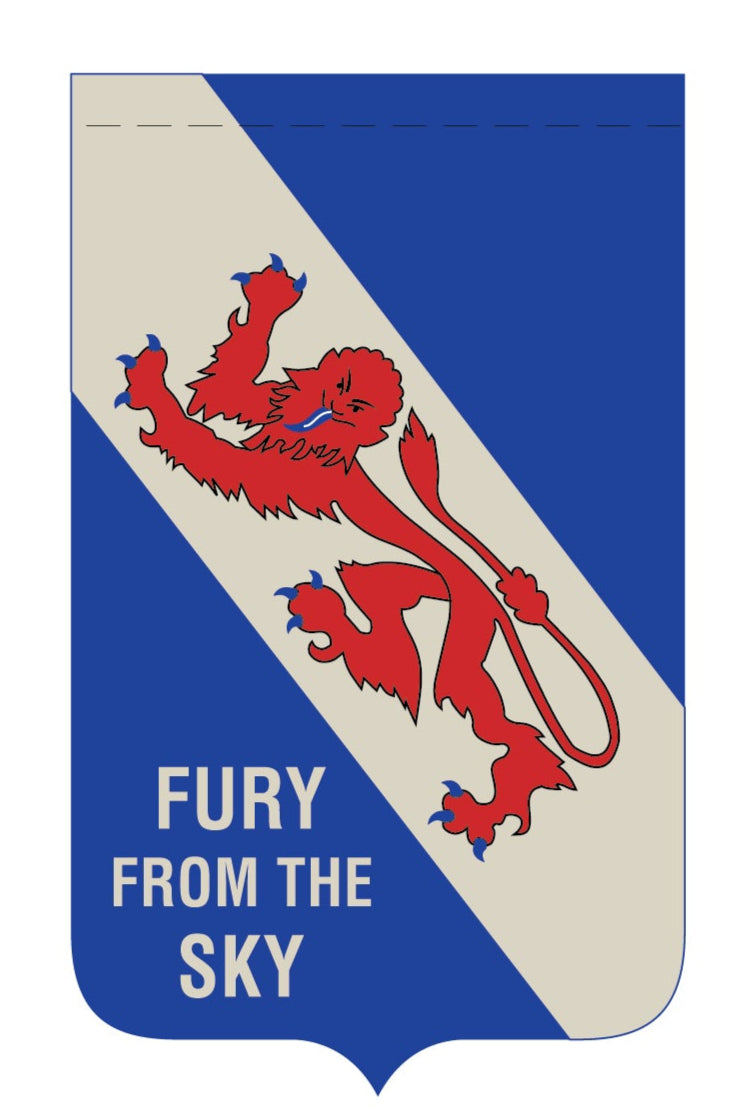 A photo of a ceremonial gonfalon banner with the coat of arms for the 508th Parachute Infantry Regiment along with the Text "FURY FROM THE SKY".