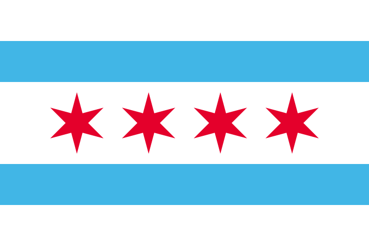 The City of Chicago Flag. Sold by Action Flag. Sewn stripes and Applique stars.