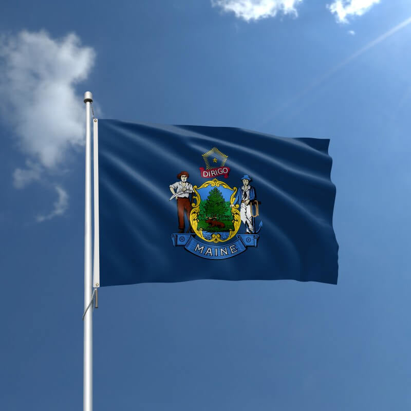 a product picture of the State flag of Maine flying from a commercial flagpole against the backdrop of a sunny mostly clear blue sky.