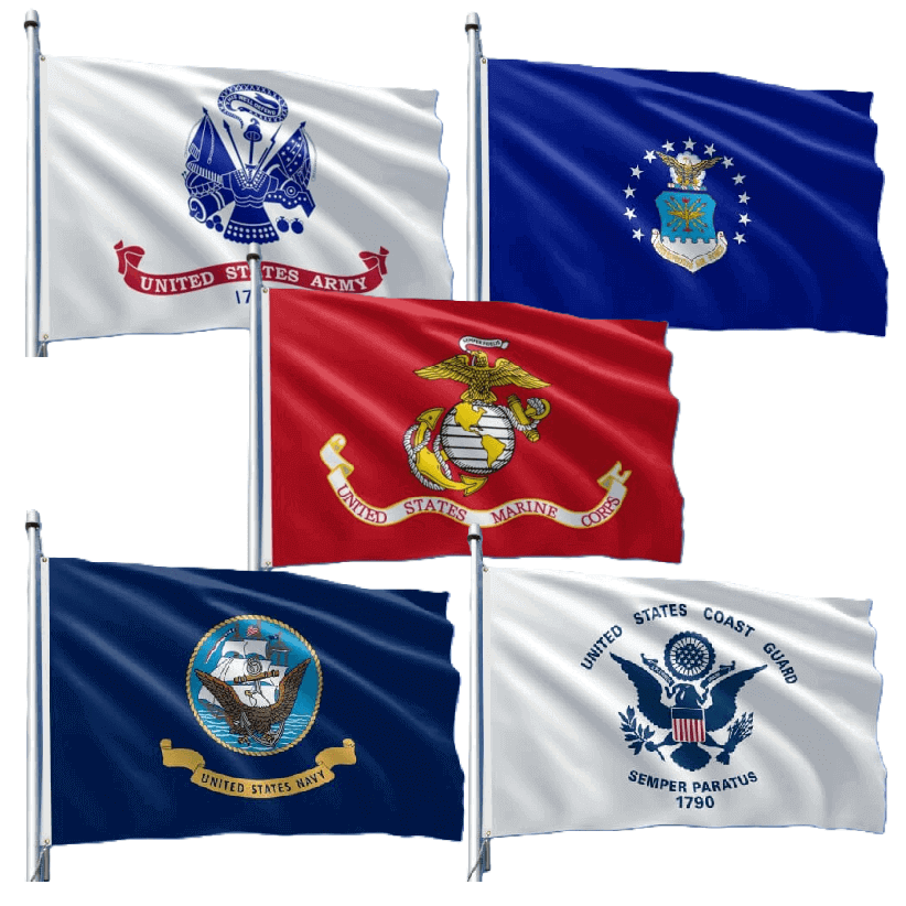 Juego de bandera militar de nailon de 3' x 5' para exteriores - 5 ramas (bandera del ejército, bandera de la Marina, bandera de la Fuerza Aérea, bandera del Cuerpo de Marines, bandera de la Guardia Costera) 100% fabricado en los EE. UU.