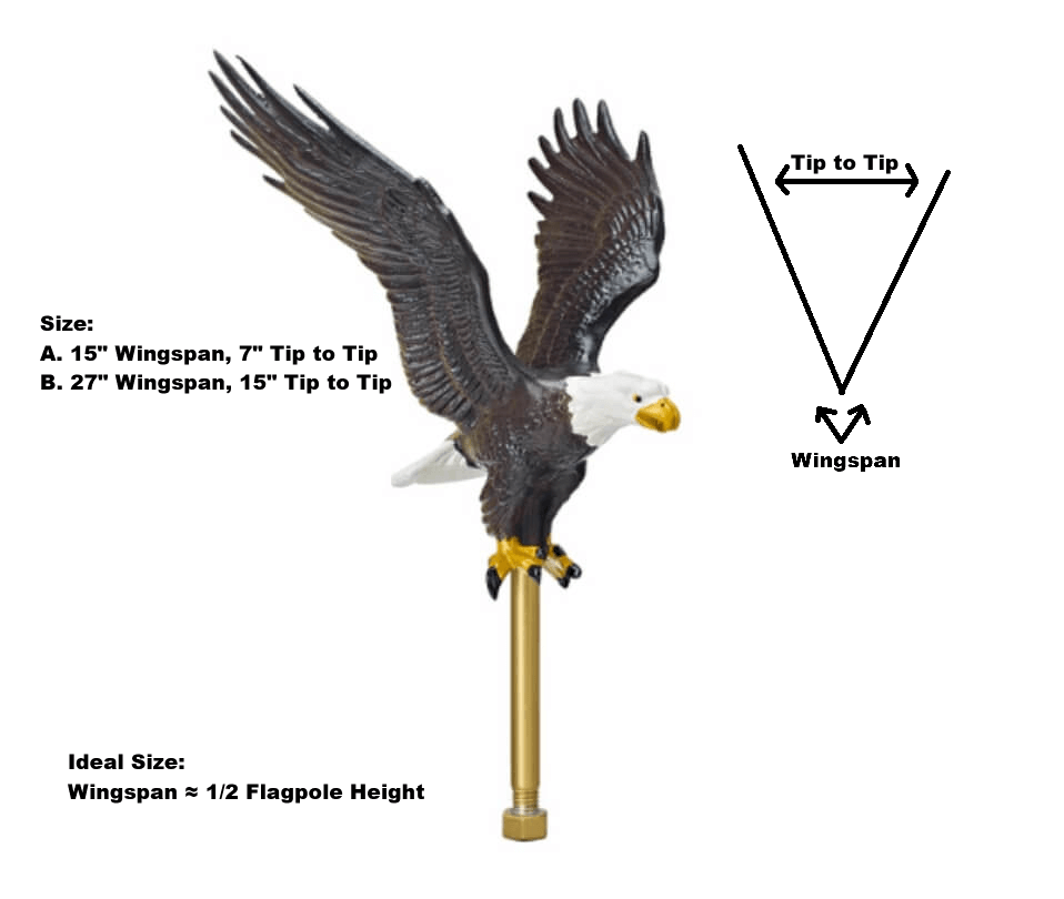 A photo of a Natural Painted Flying Eagle Flagpole ornament with size diagram and recommendation.