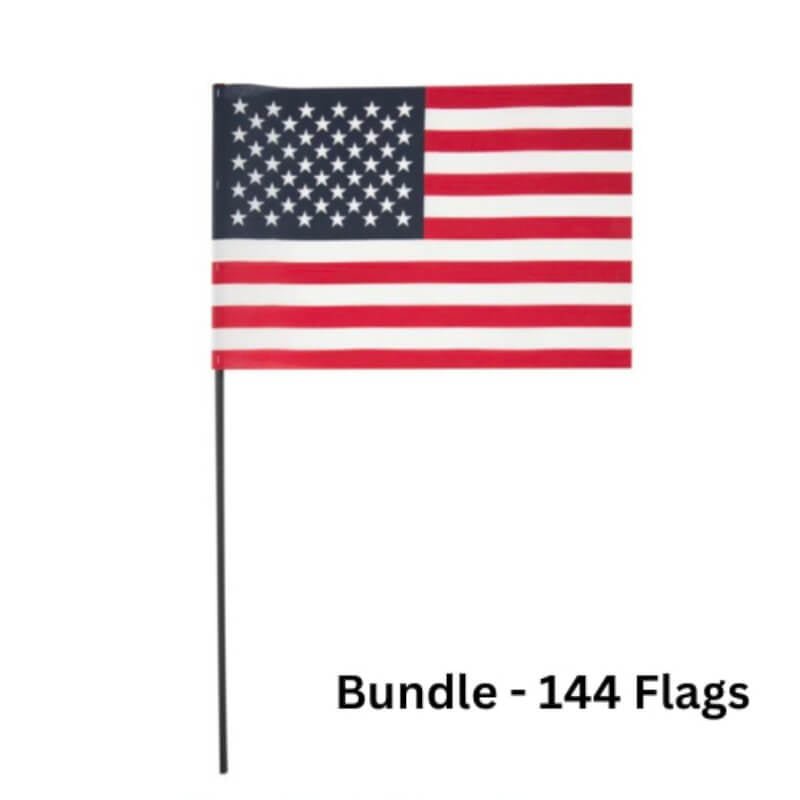 American Veteran Stick Flag 8" x 12" - NO HEM 5/16" x 24" Black Plastic Dowel - Bundle of 144 Flags MADE IN THE USA - Action Flag