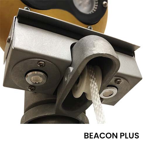 A product picture of a Gold anodized American Beacon PLUS Cam Cleat Internal Halyard Flag Pole Light by Concord American Flagpoles, which includes two vertical mounted additional flag pole light bulbs. Sold and distributed by Action Flag