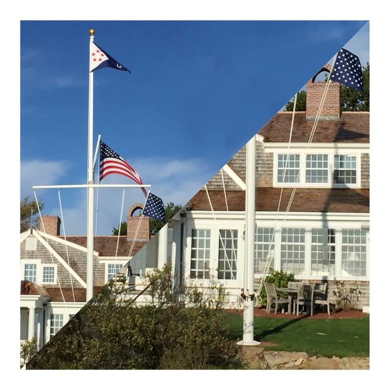 Deluxe Nautical Double Mast Fiberglass Flagpole with Yard Arm and Gaff Ground Set External Halyard. Made in the USA - Action Flag