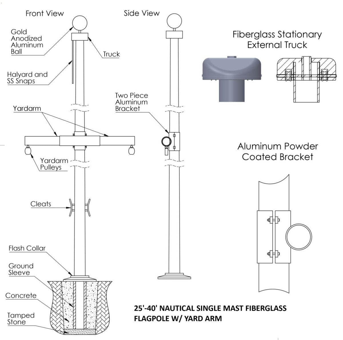 Deluxe Nautical Single Mast Fiberglass Flagpole with Yard Arm - Ground Set External Halyard. Made in the USA - Action Flag