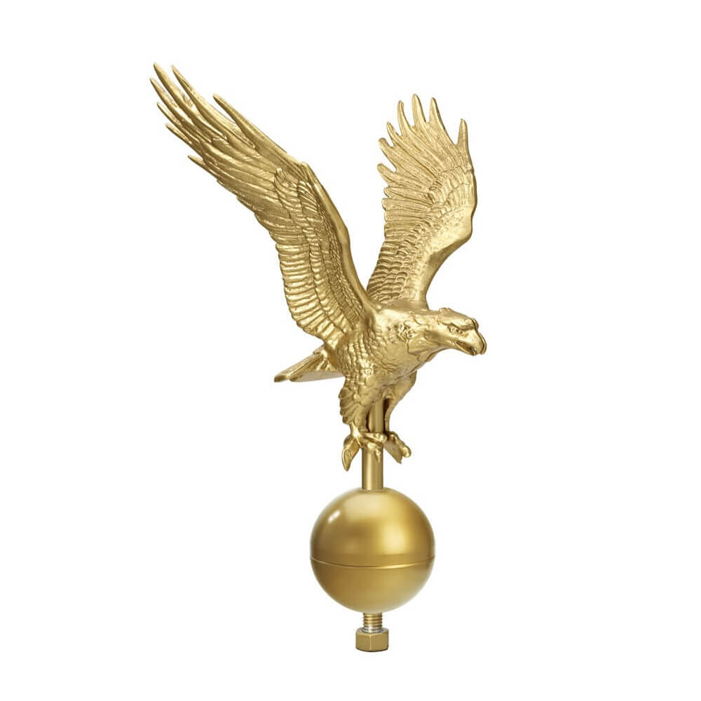 Gold Cast Aluminum Flying Eagle Flagpole Ornament on 3" Finial Ball - Action Flag
