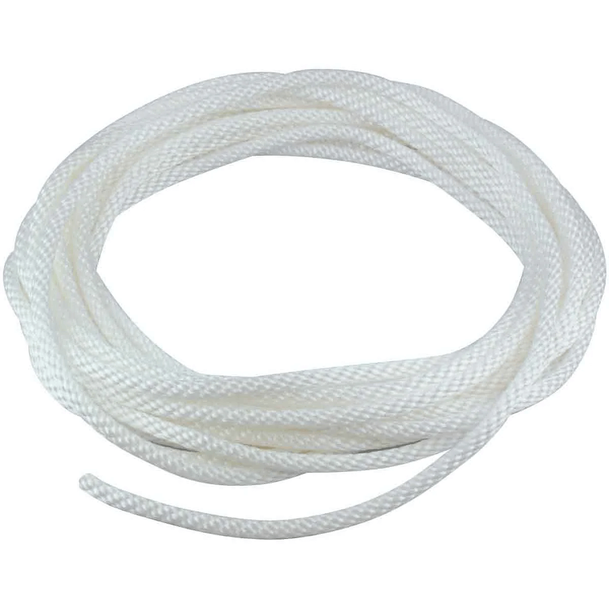 A product picture of a circle wrap of white sold braid polyester flagpole halyard cut to length by Action Flag