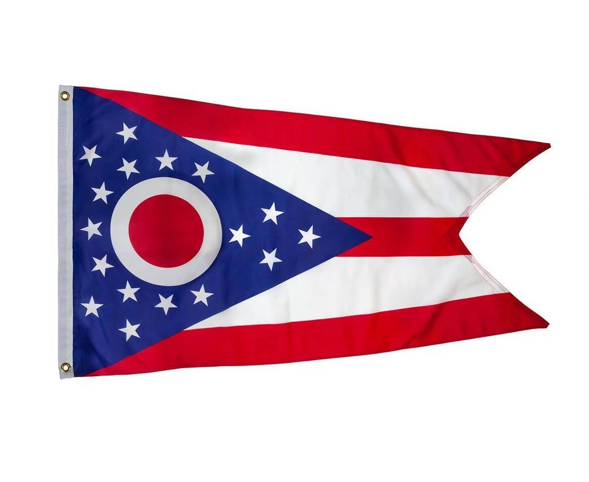 A picture of the Ohio outdoor flag with a canvas header and brass grommets by Action Flag
