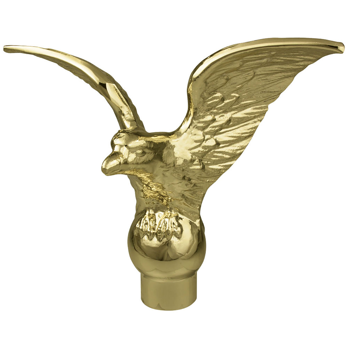 a product picture of a Metal Gold finish Flying eagle ornament with ferruel for indoor flagpole.