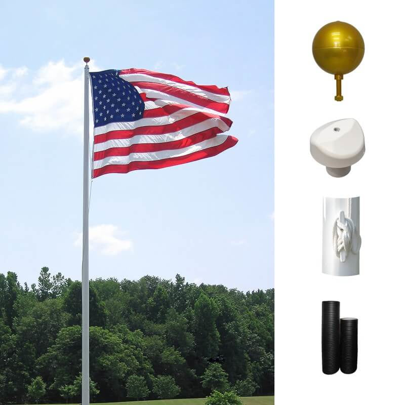 A product picture of a 35' Standard Fiberglass Flagpole Wide Base  External Halyard Ground Sleeve Standard Cleat Provided by Action Flag.