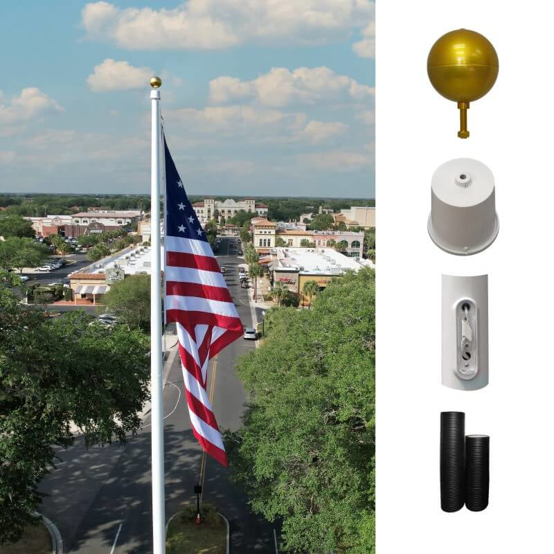 A product picture of a 35' Standard Fiberglass Flagpole Wide Base  Internal Halyard Ground Sleeve Cam Cleat Provided by Action Flag.
