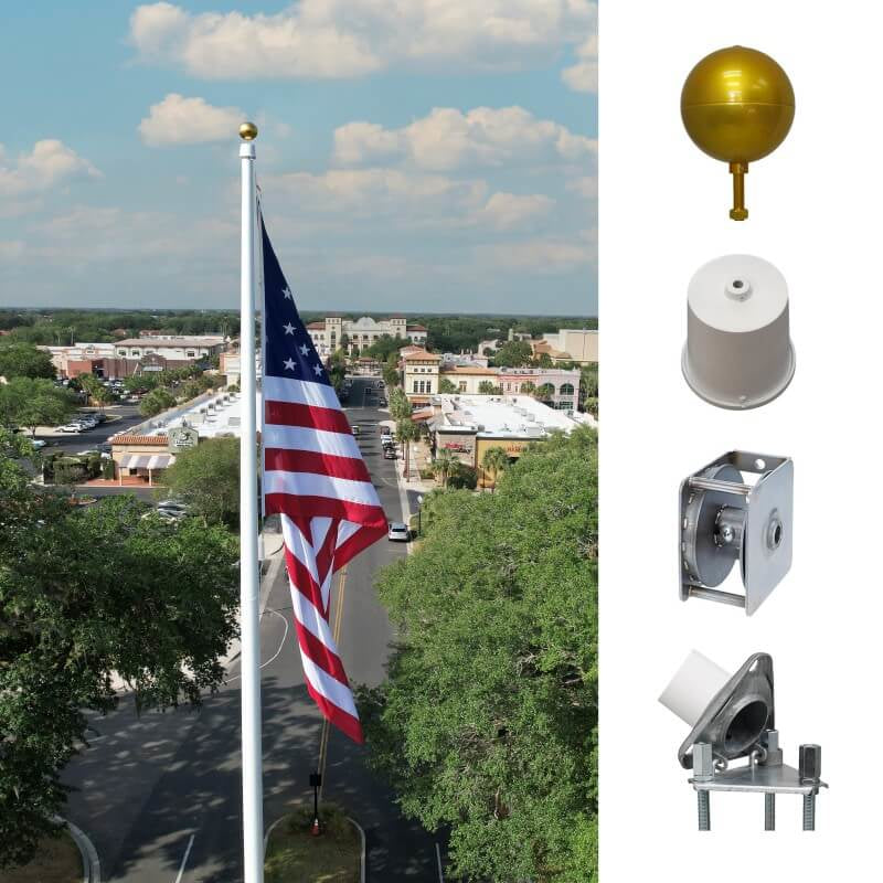 A product picture of a 40' Premium Fiberglass Flagpole   Internal Halyard Hinge Base Winch Provided by Action Flag.
