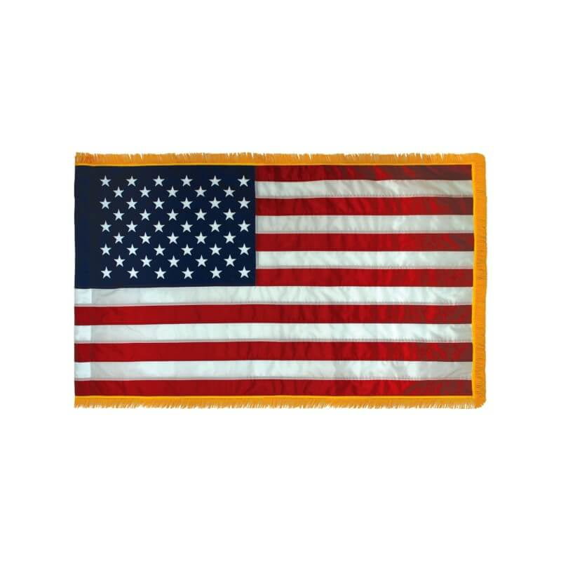 A product picture of a Nylon Indoor/Parade American Flag with Pole Sleeve and Gold Fringe Provided by Action Flag.