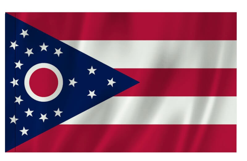 A product picture of a Ohio Nylon Indoor/Outdoor Flag with Sleeve Provided by Action Flag.