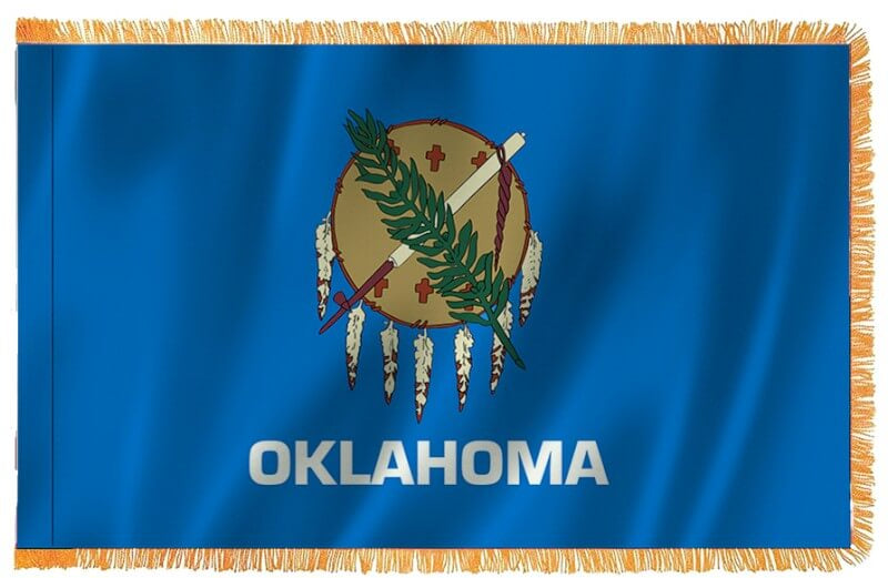 A product picture of a Oklahoma Nylon Indoor Flag with Sleeve and Fringe Provided by Action Flag.