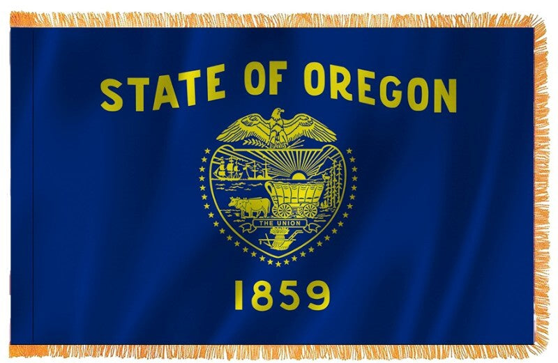A product picture of a Oregon Nylon Indoor Flag with Sleeve and Fringe Provided by Action Flag.