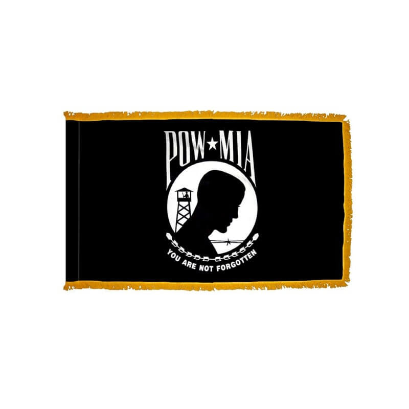 A product picture of a POW/MIA Military Service Indoor/Parade Flag with Pole Sleeve and Fringe Provided by Action Flag.