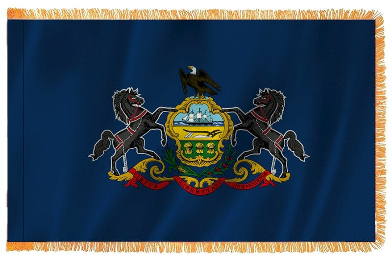 A product picture of a Pennsylvania Nylon Indoor Flag with Sleeve and Fringe Provided by Action Flag.