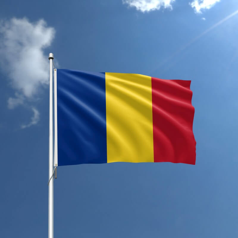 A product picture of a Romania Nylon Outdoor Flag Provided by Action Flag.