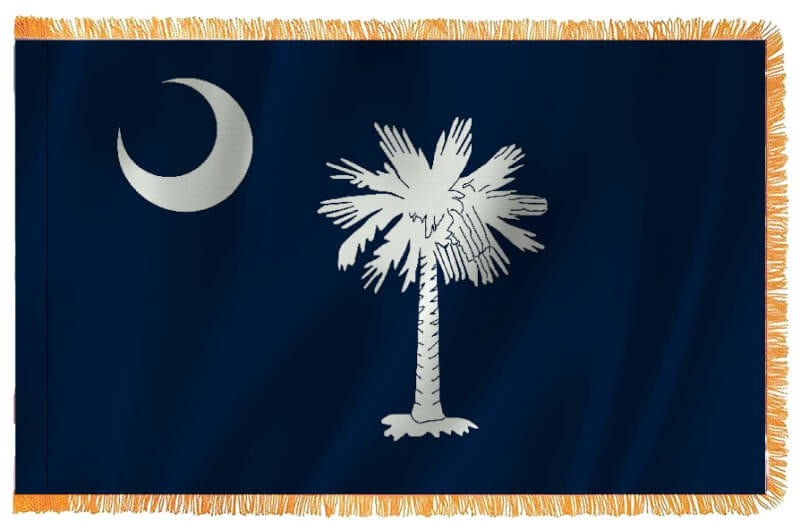 A product picture of a South Carolina Nylon Indoor Flag with Sleeve and Fringe Provided by Action Flag.