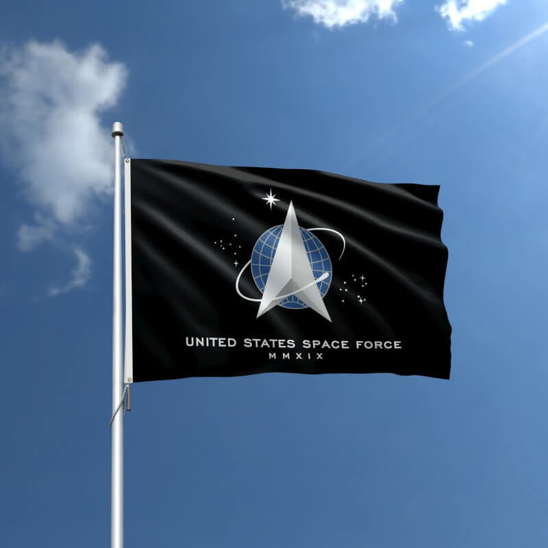 A product picture of a Space Force Official Military Service Branch Logo Nylon Outdoor Flag Provided by Action Flag.