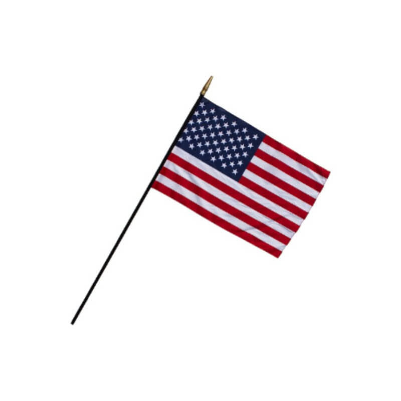 A product picture of a USA 12" x 18" Classroom Flag HEMMED 3/8" x 30" Black Staff Spear Tip Provided by Action Flag.