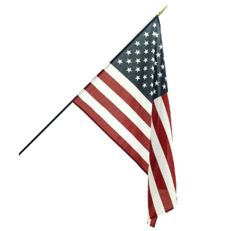 A product picture of a USA 16" x 24" Classroom Flag HEMMED 3/8" x 36" Black Staff Spear Tip Provided by Action Flag.