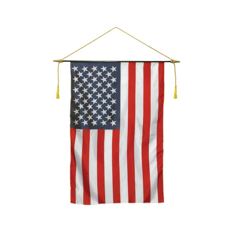 A product picture of a USA Classroom Flag HEMMED with Crossbar, Spear Ends, Cord and Tassels Provided by Action Flag.