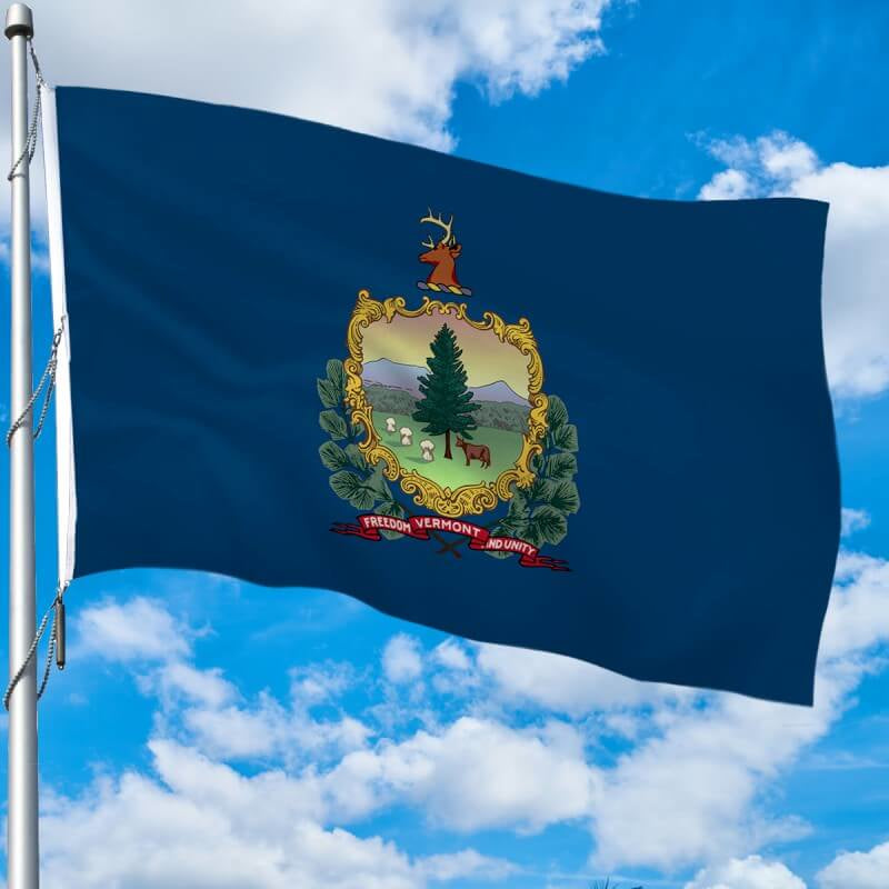 A product picture of a Vermont Heavy Weight Poly-Max Outdoor Flag Provided by Action Flag.