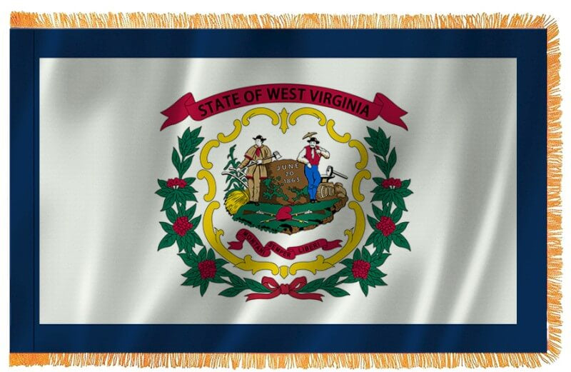 A product picture of a West Virginia Nylon Indoor Flag with Sleeve and Fringe Provided by Action Flag.