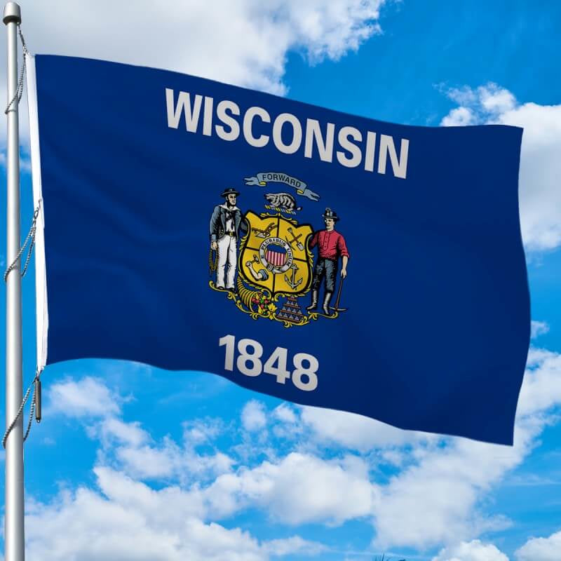 A product picture of a Wisconsin Heavy Weight Poly-Max Outdoor Flag Provided by Action Flag.