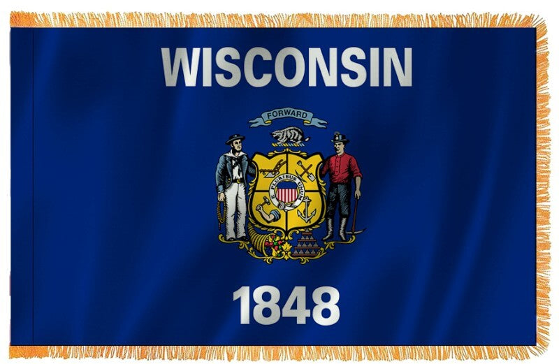 A product picture of a Wisconsin Nylon Indoor Flag with Sleeve and Fringe Provided by Action Flag.