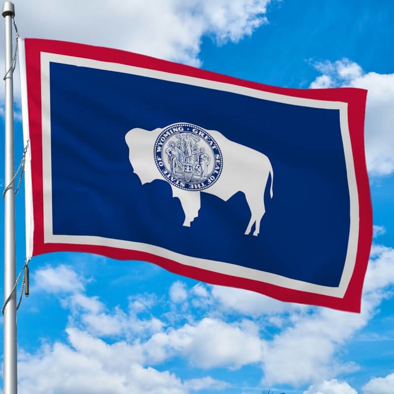 A product picture of a Wyoming Heavy Weight Poly-Max Outdoor Flag Provided by Action Flag.
