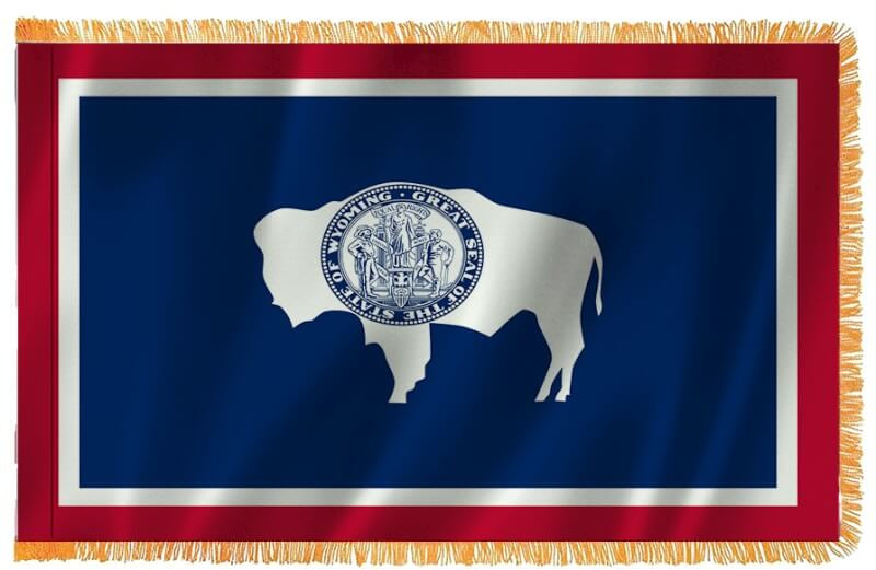 A product picture of a Wyoming Nylon Indoor Flag with Sleeve and Fringe Provided by Action Flag.