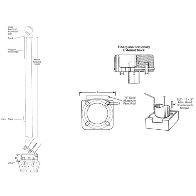 Premium Fiberglass Flagpole External Halyard Hinge Base Standard Cleat - Action Flag