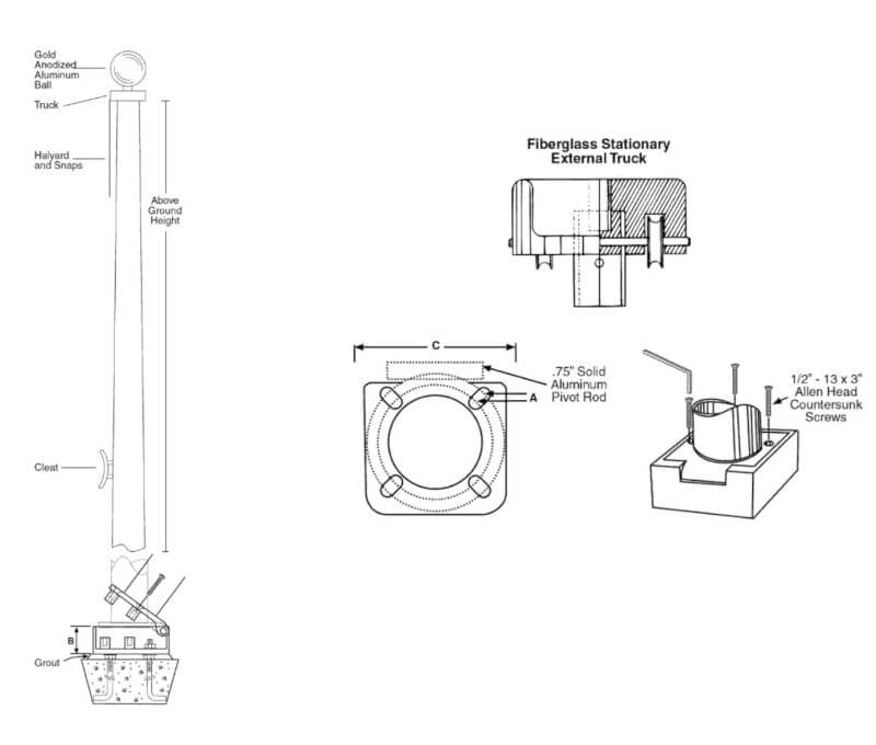 Standard Fiberglass Flagpole Wide Base External Halyard Hinge Base Standard Cleat - Action Flag